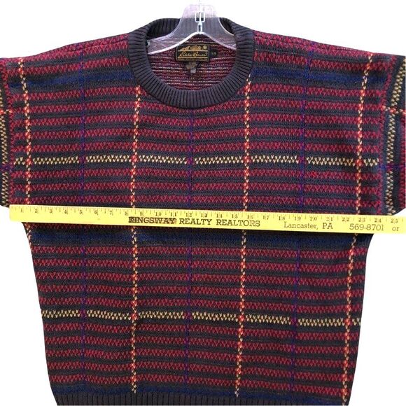 Eddie Bauer Chunky Knit Sweater Men's Sz L VTG 90s Colorful Plaid Textured Knit - Picture 9 of 12